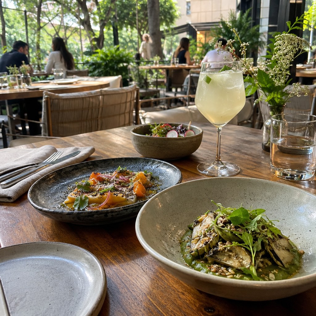 Mexico City restaurant table with contemporary Mexican dishes in a stylish CDMX dining room