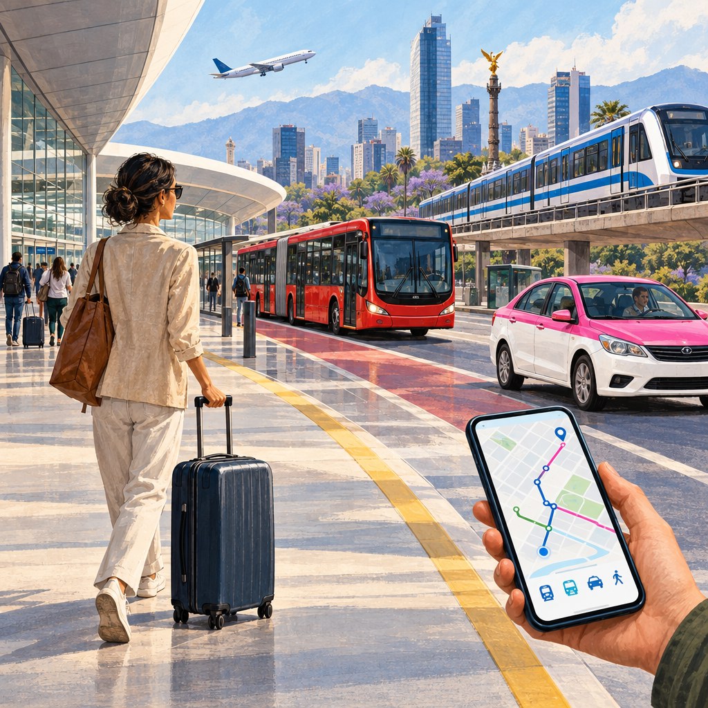 Illustrated Mexico City airport transportation with train, Metrobús, taxi and smartphone trip planning