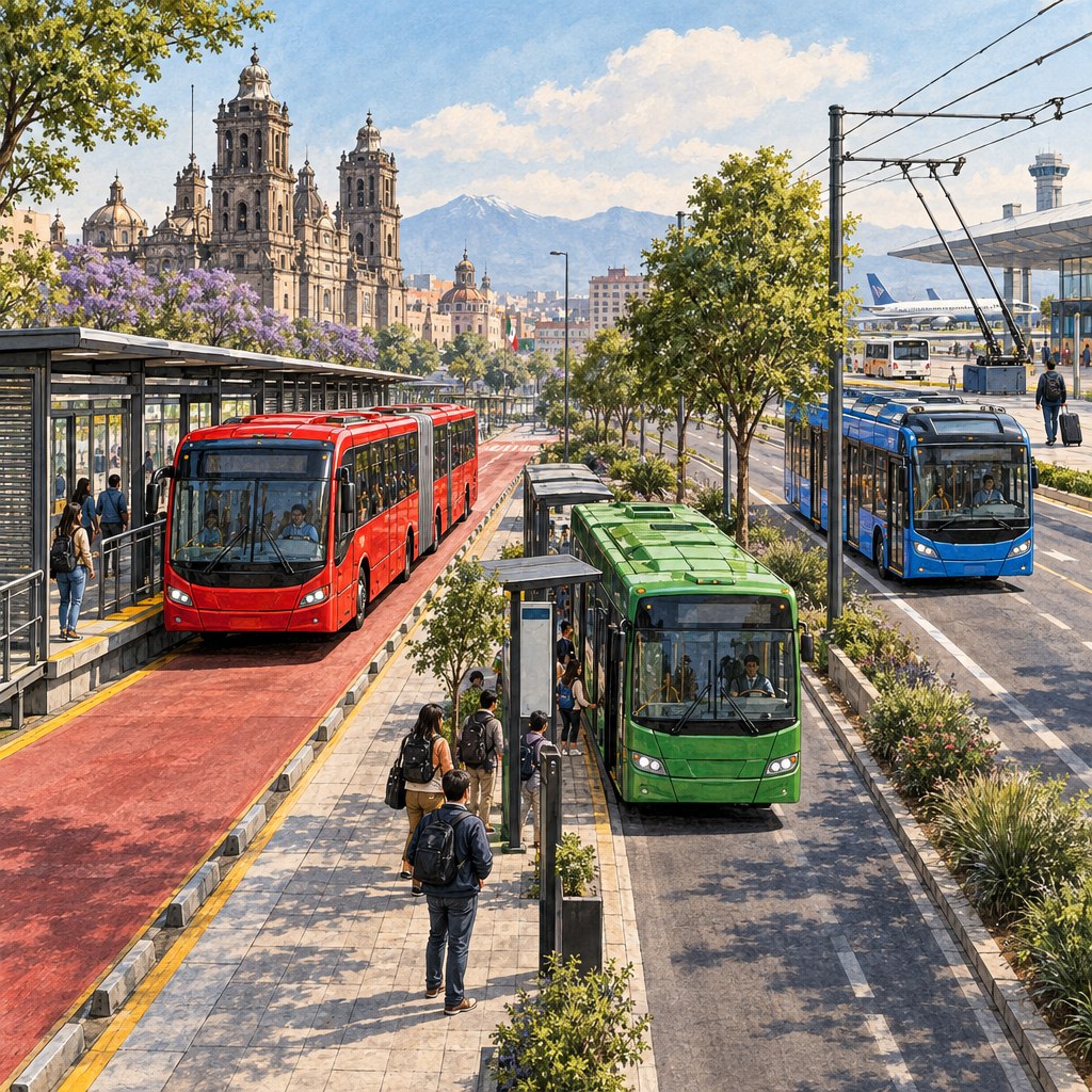 Illustration comparing Mexico City Metrobús, RTP, Trolebús and airport bus systems