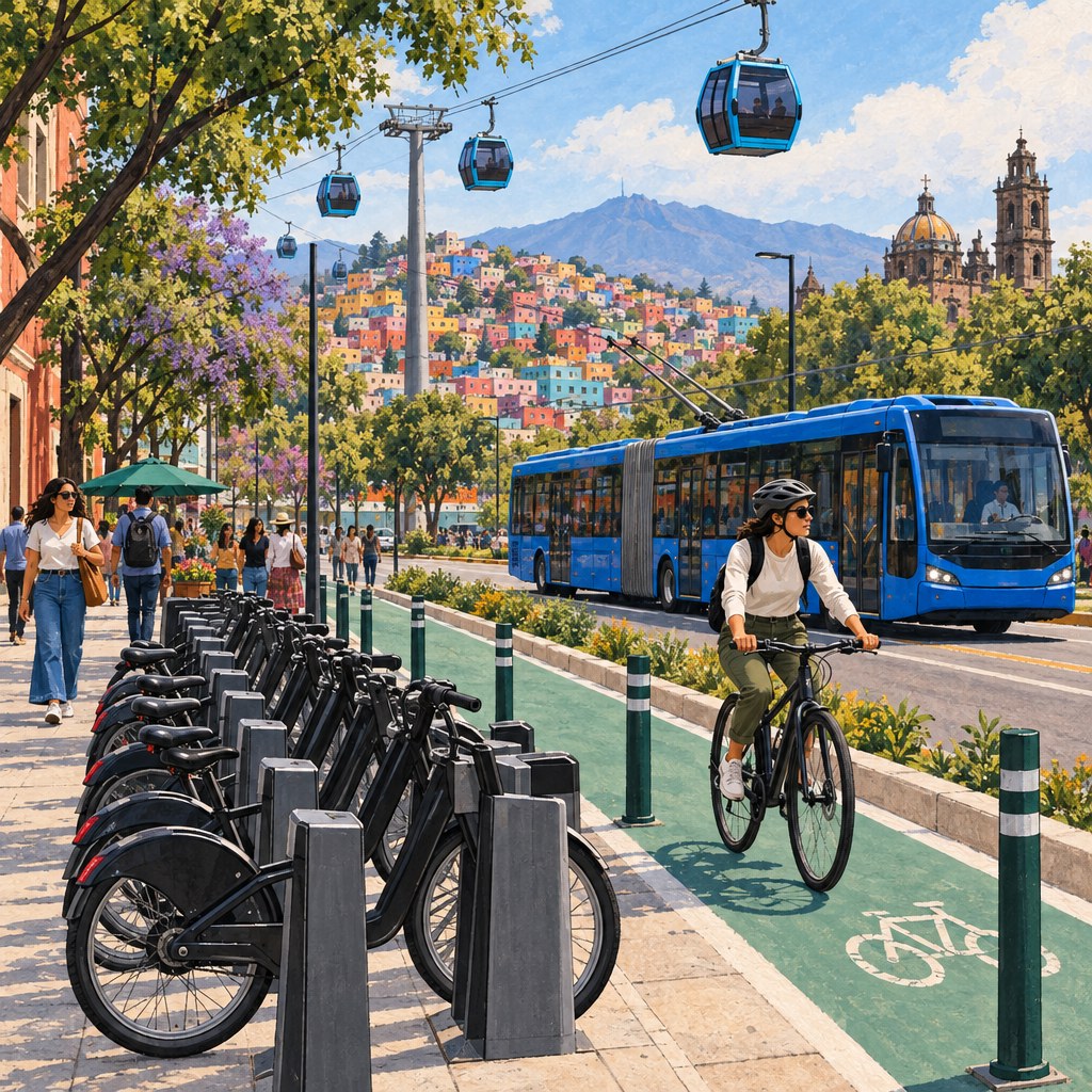 Illustrated Mexico City scene with ECOBICI, Cablebús and electric street transport