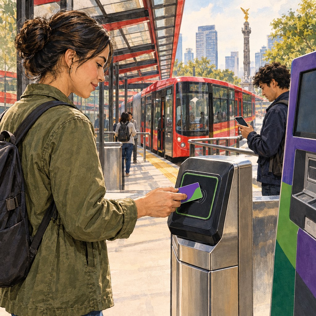 Illustrated guide to using and reloading the Mexico City MI transit card for buses