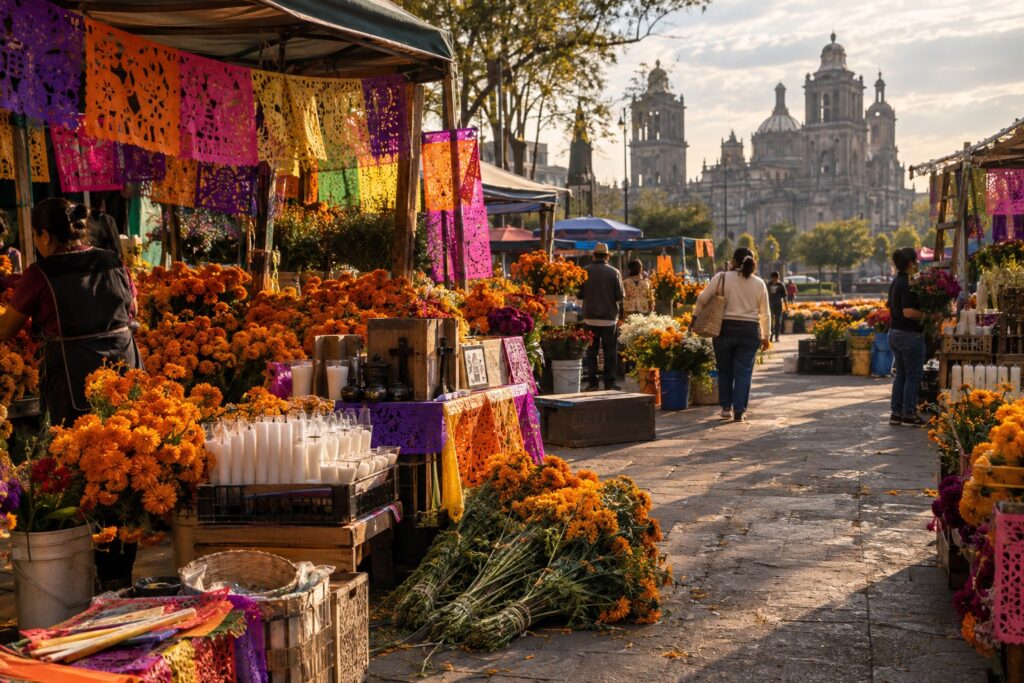 Cempasúchil flowers and Día de Muertos preparations at a Mexico City market ahead of the 2026 celebrations.
