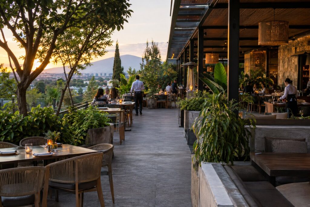 Contemporary restaurant terrace in southern Mexico City, illustrating the growth of dining destinations around Perisur, San Ángel and Coyoacán.
