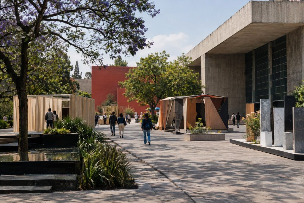 Editorial image of a contemporary Mexico City arts and design campus, illustrating Abierto de Diseño CDMX 2026 at CENART.