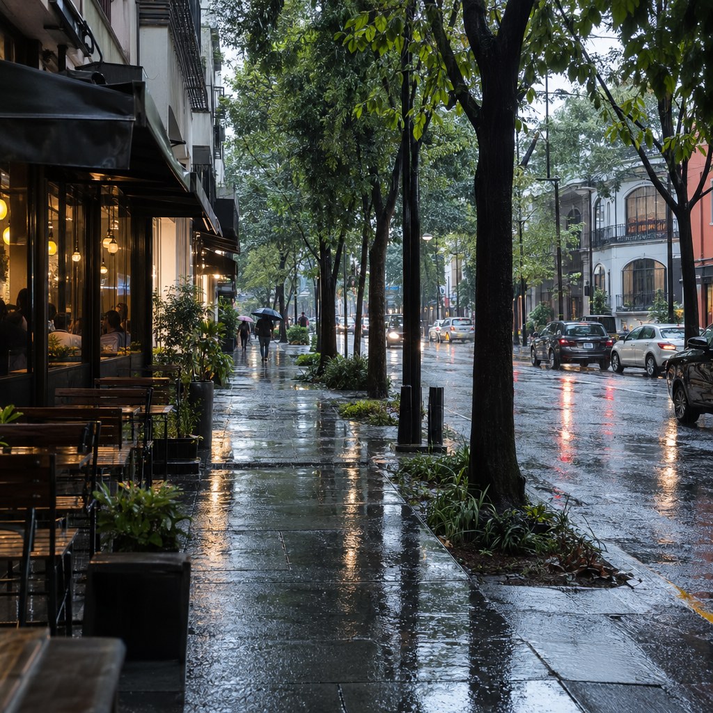 Rainy tree-lined street in Mexico City