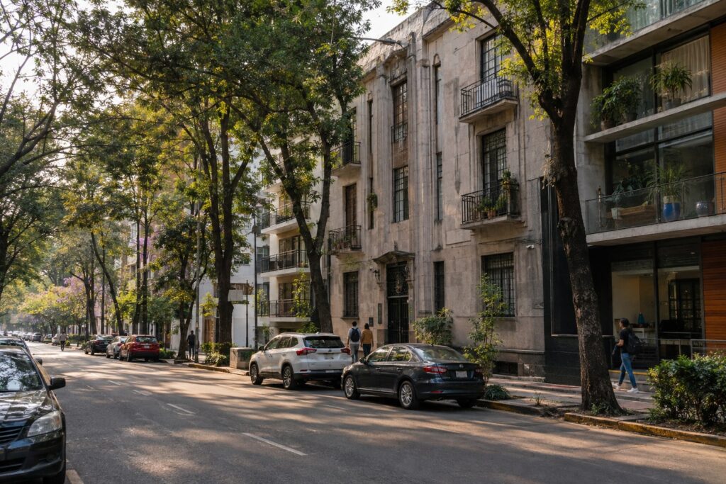 Tree-lined Mexico City residential street with apartment buildings, illustrating the city’s 2026 debate over rents and housing regulation.