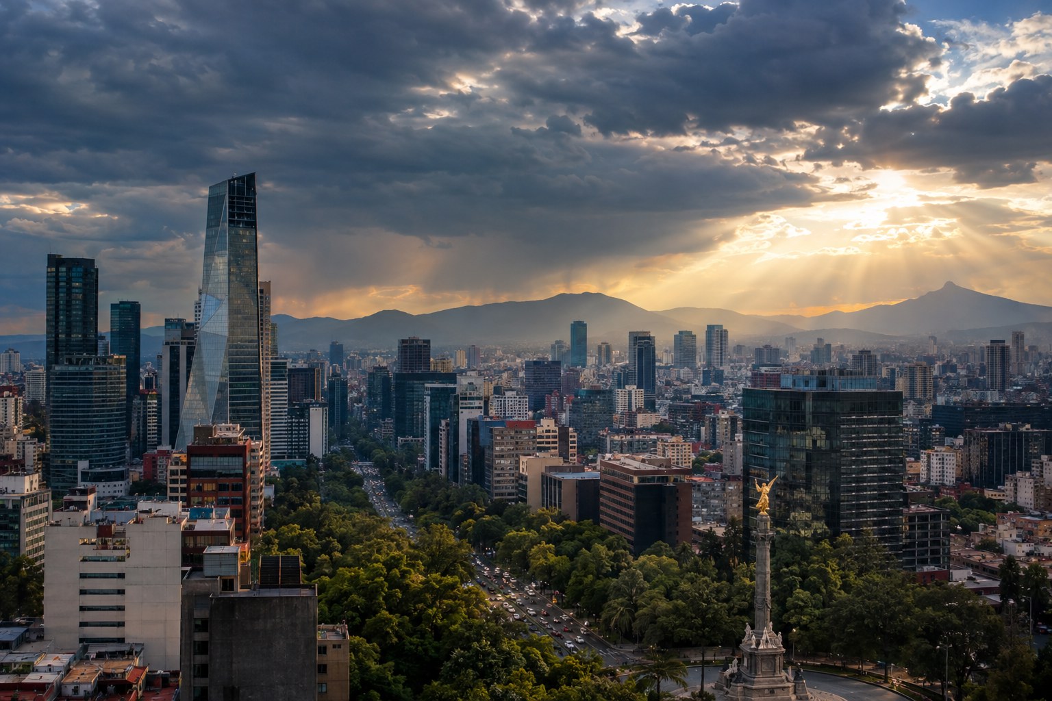Mexico City skyline and Paseo de la Reforma beneath dramatic afternoon clouds