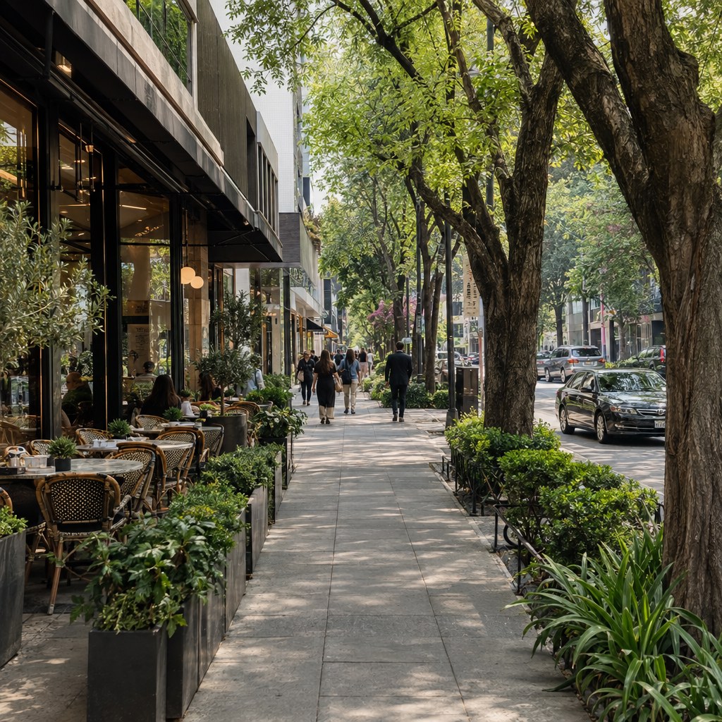 Polanco Mexico City street near Avenida Masaryk with trees, cafes and upscale shopping