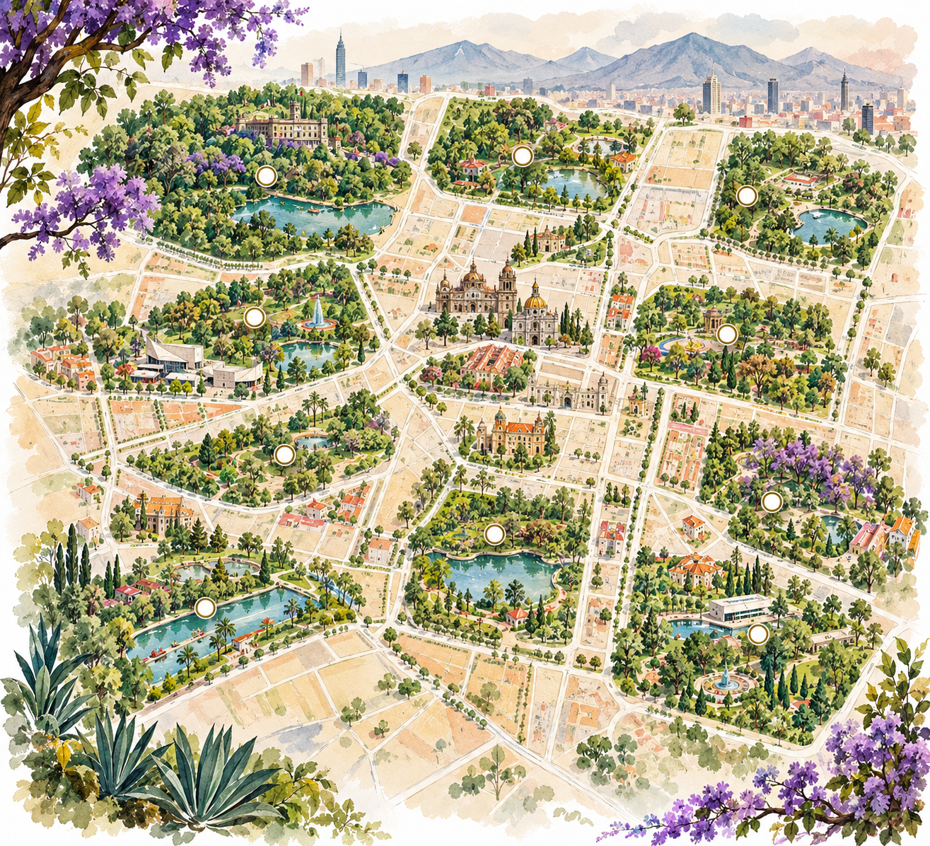 Illustrated watercolor map of Mexico City green spaces