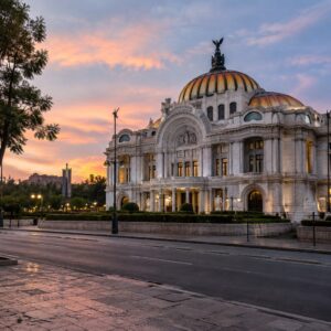 AI illustration of Palacio de Bellas Artes at dusk and the surrounding pavement