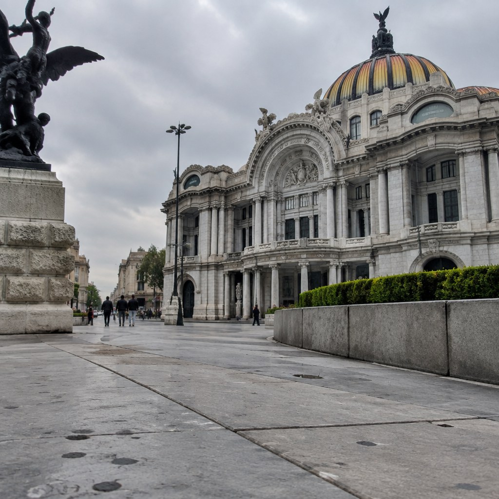 AI illustration of Palacio de Bellas Artes in overcast light with distant pedestrians