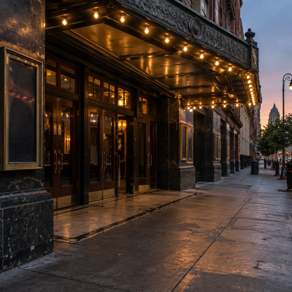 AI illustration of a theater entrance and scuffed sidewalk without identifiable people