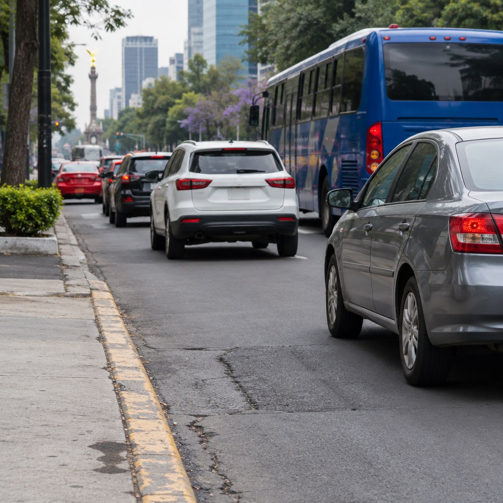 AI illustration of ordinary vehicles beside a worn Mexico City curb
