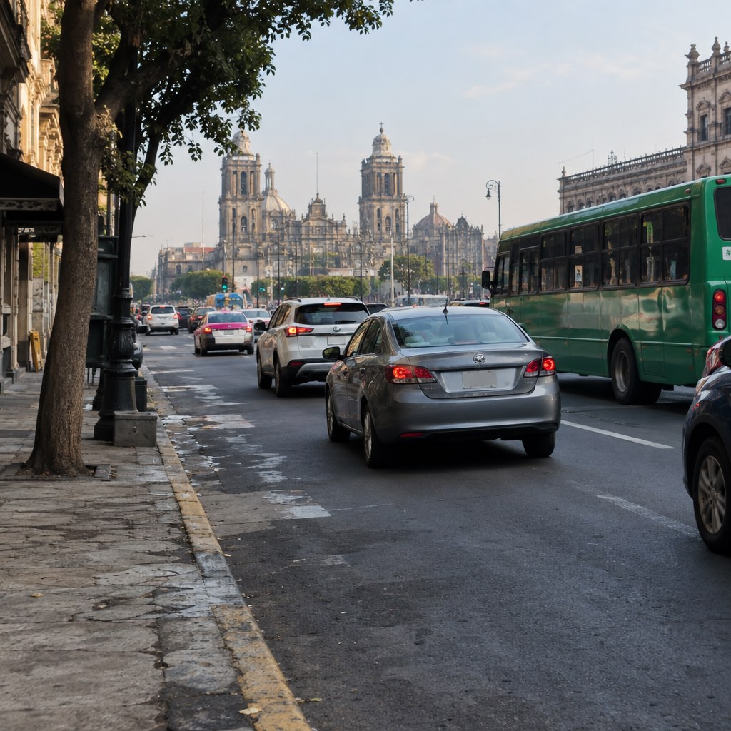 AI illustration of Mexico City traffic and worn pavement, without visible faces