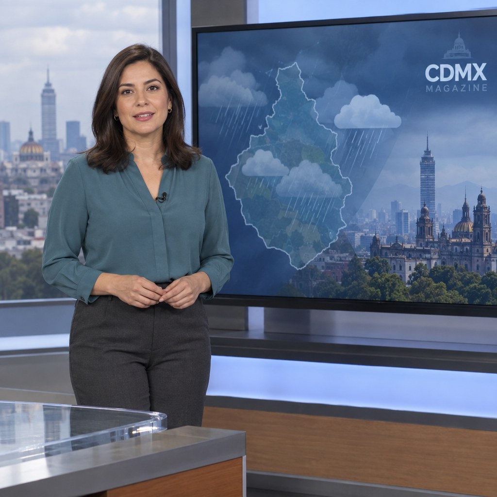 AI newsroom illustration with a fictional female presenter in teal and CDMX Magazine branding