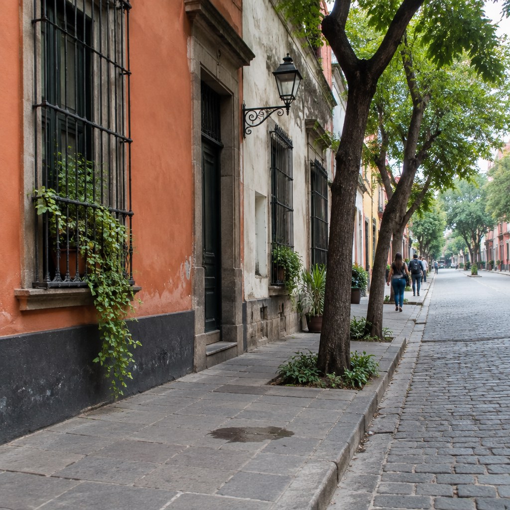 AI illustration of an everyday Mexico City neighborhood street with weathered façades and paving