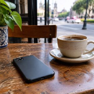 AI illustration of a smartphone and coffee on a worn café table
