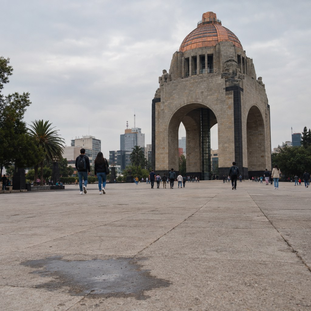 AI illustration of Monumento a la Revolución and worn plaza paving, with pedestrians seen from behind