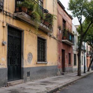 AI illustration of lived-in Mexico City residential façades and worn paving, without identifiable people