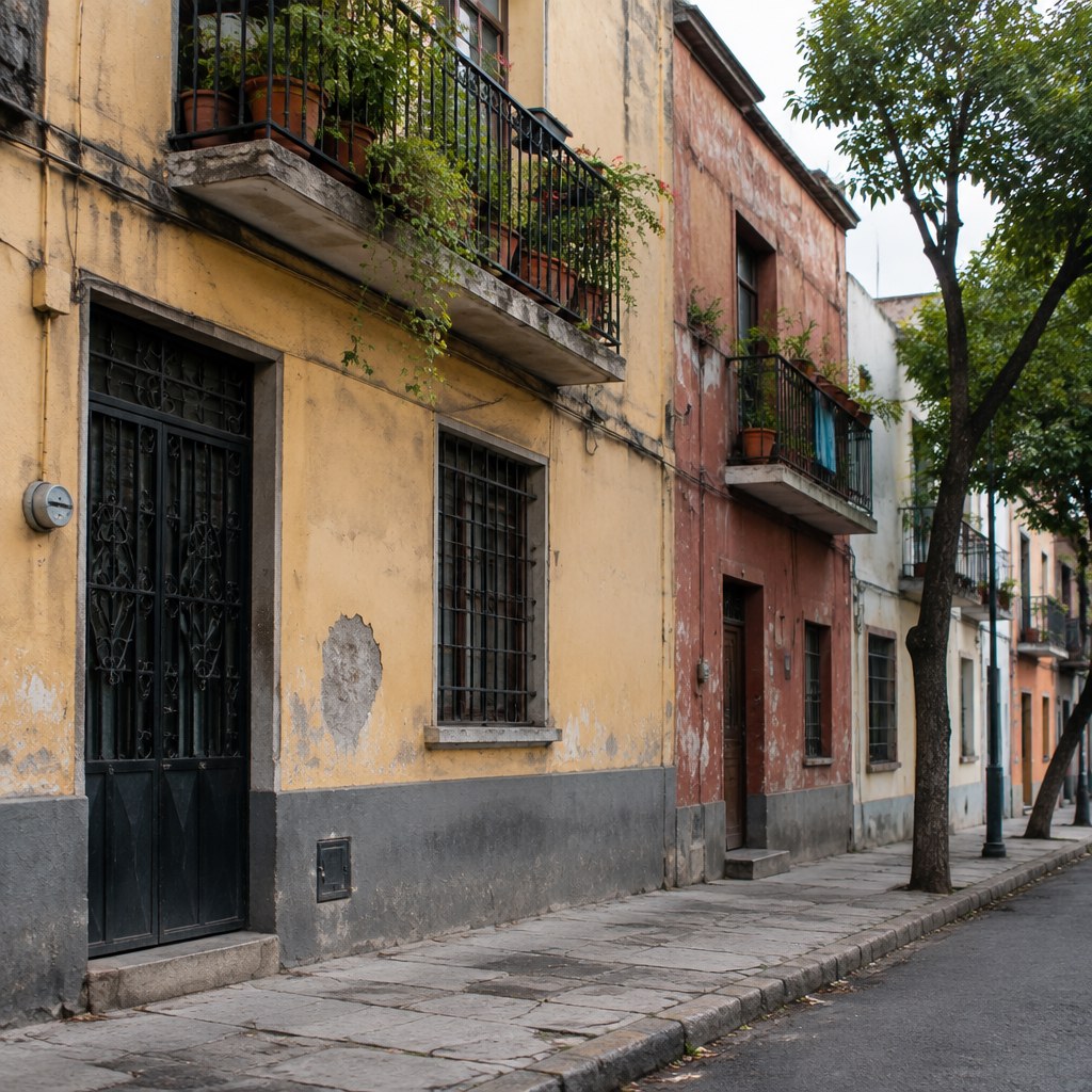 AI illustration of lived-in Mexico City residential façades and worn paving, without identifiable people